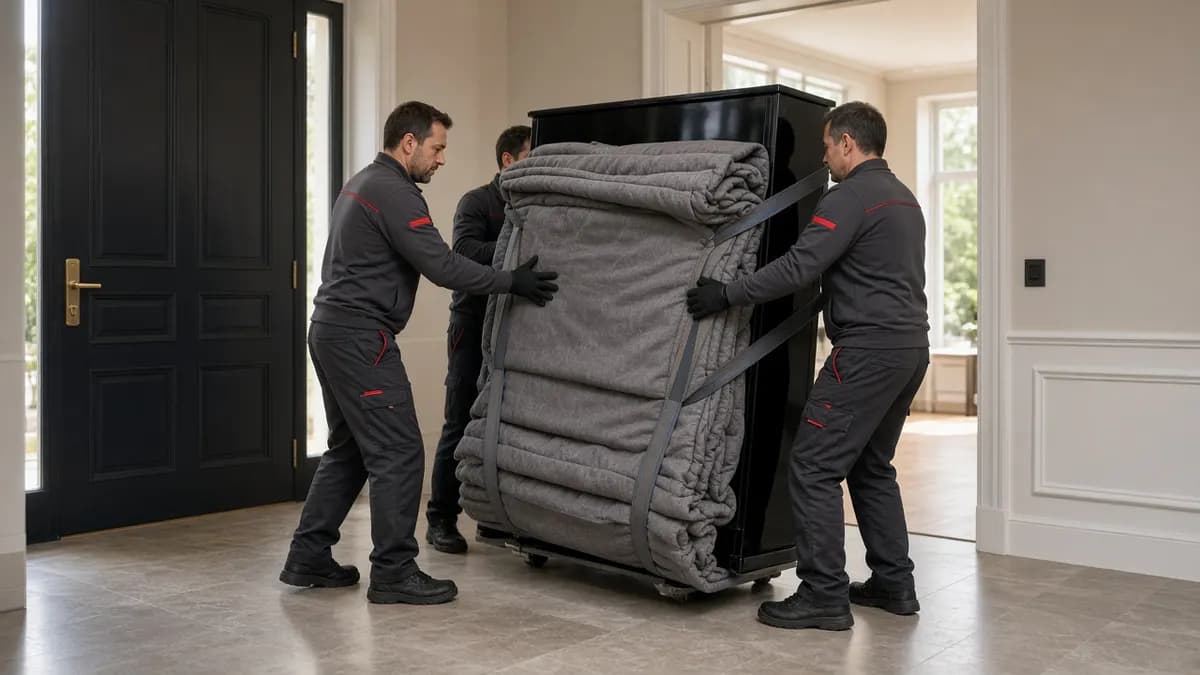 Spezialisten transportieren ein geschütztes Klavier mit Tragegurten