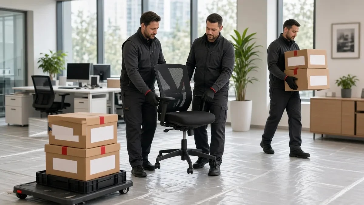 Firmenumzug: Büromöbel und beschriftete Kartons im Büro