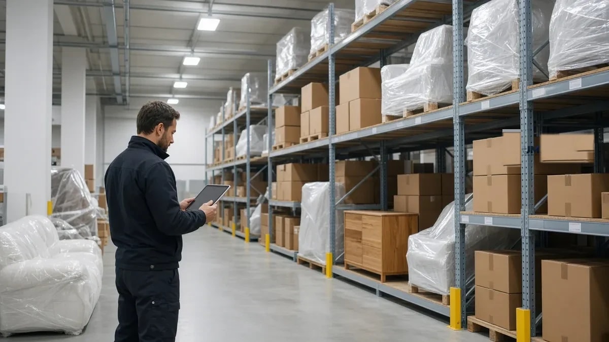Trockenes, geordnetes Möbellager mit verpackten Möbeln und Umzugskartons