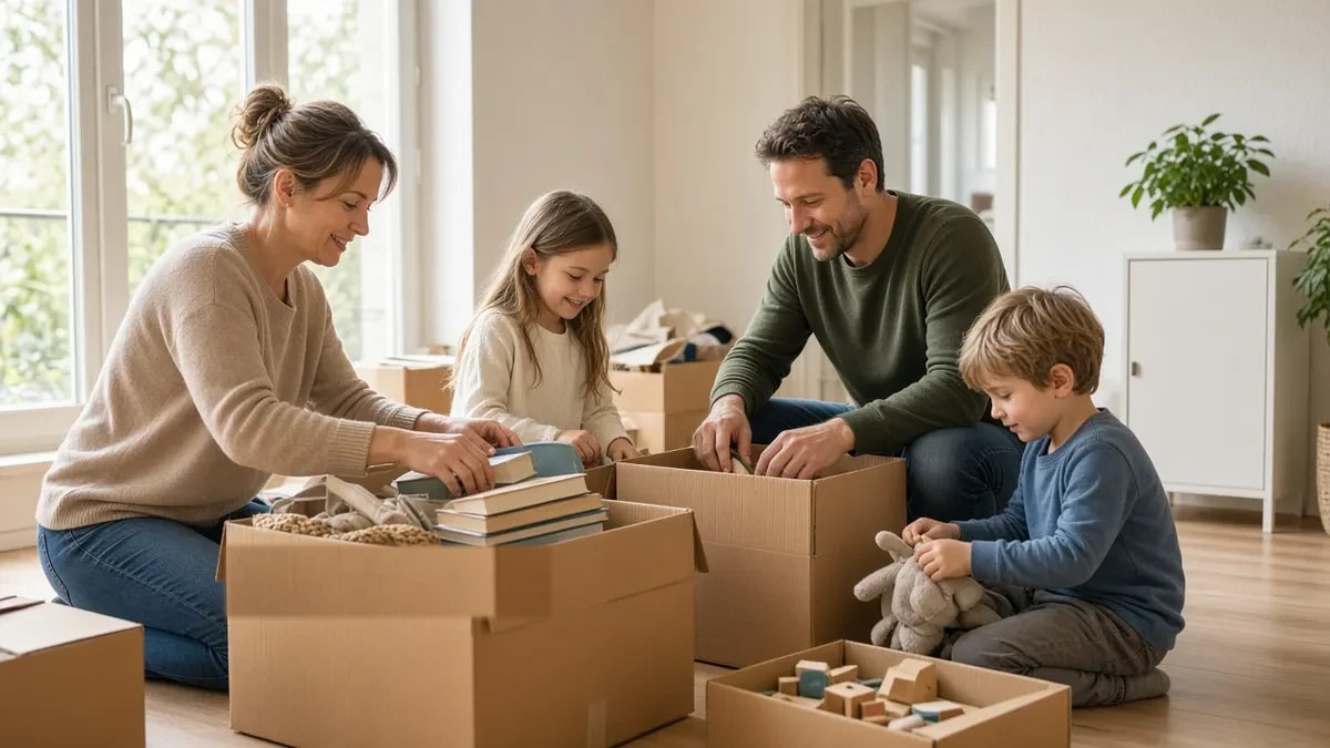 Familie packt gemeinsam Bücher und Spielsachen in Umzugskartons