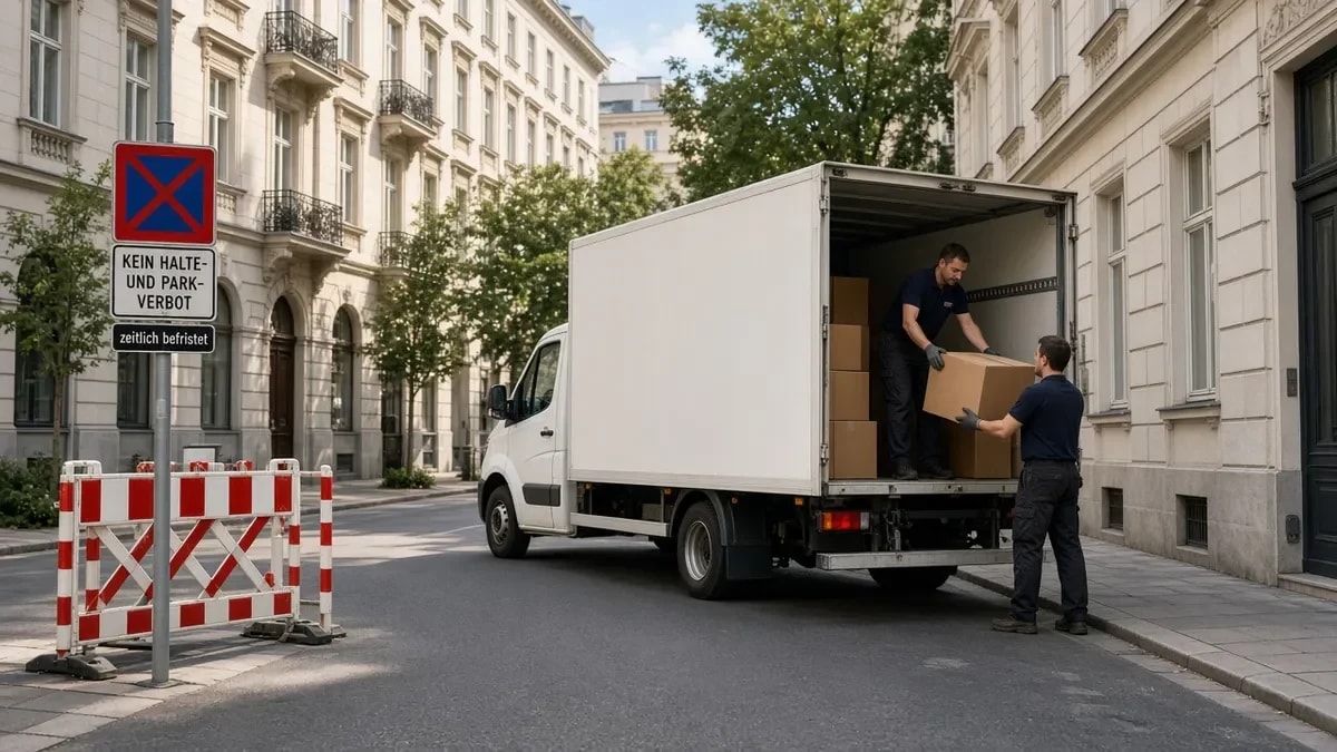 Eingerichtete Halteverbotszone für einen Umzug in einer Wiener Wohnstraße