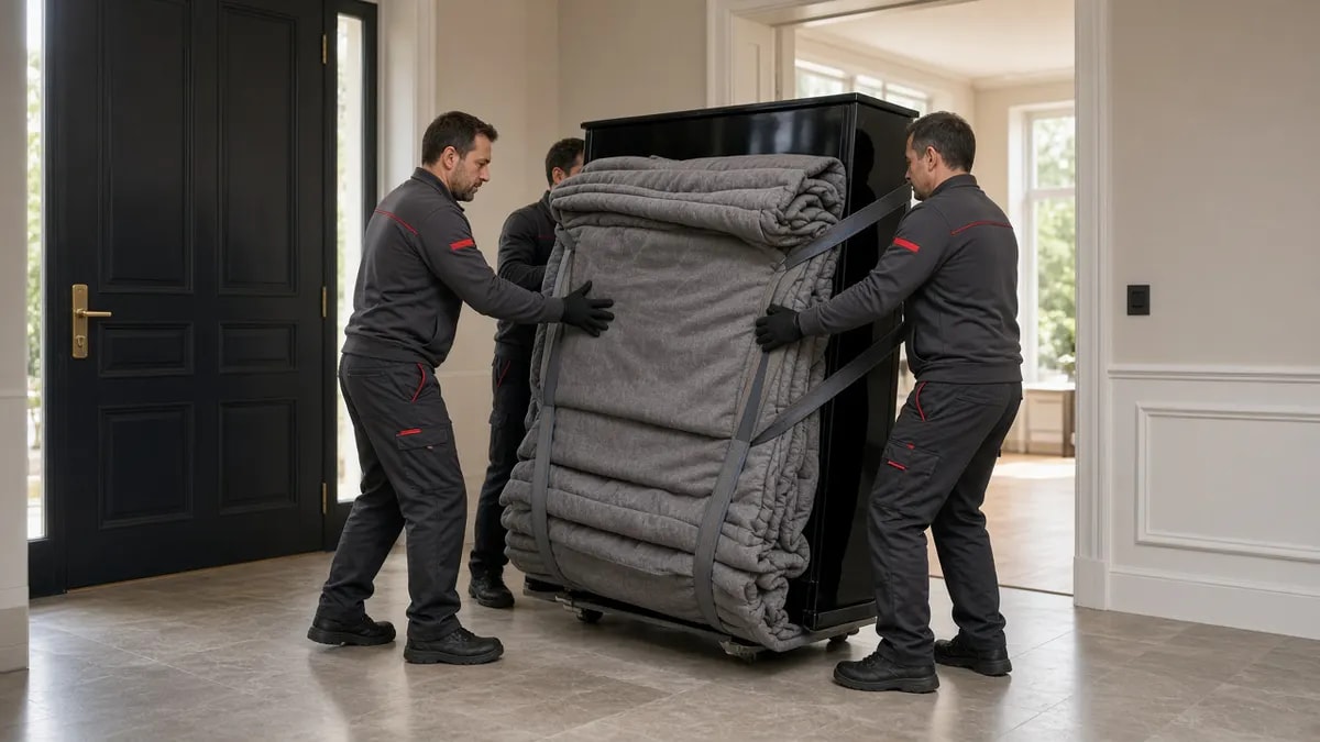 Klaviertransport mit Spezialtragegurten