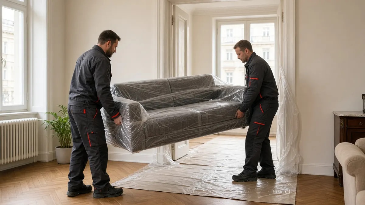 Zwei Möbelpacker transportieren ein geschütztes Sofa durch eine helle Wohnung